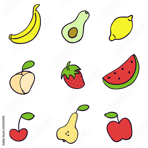 Fototapeta Naklejka Na Ścianę i Meble -  Hand drawn fruit set vector illustration. Doodle illustration. Fruits in doodle style. Vector illustration