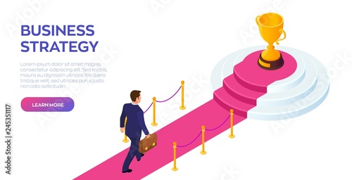 Gold Trophy Cup of the winner on a red carpet path. Businessman with briefcase in hand walking on red carpet to the success. Road to success. Business Strategy Concept. Vector Illustration.