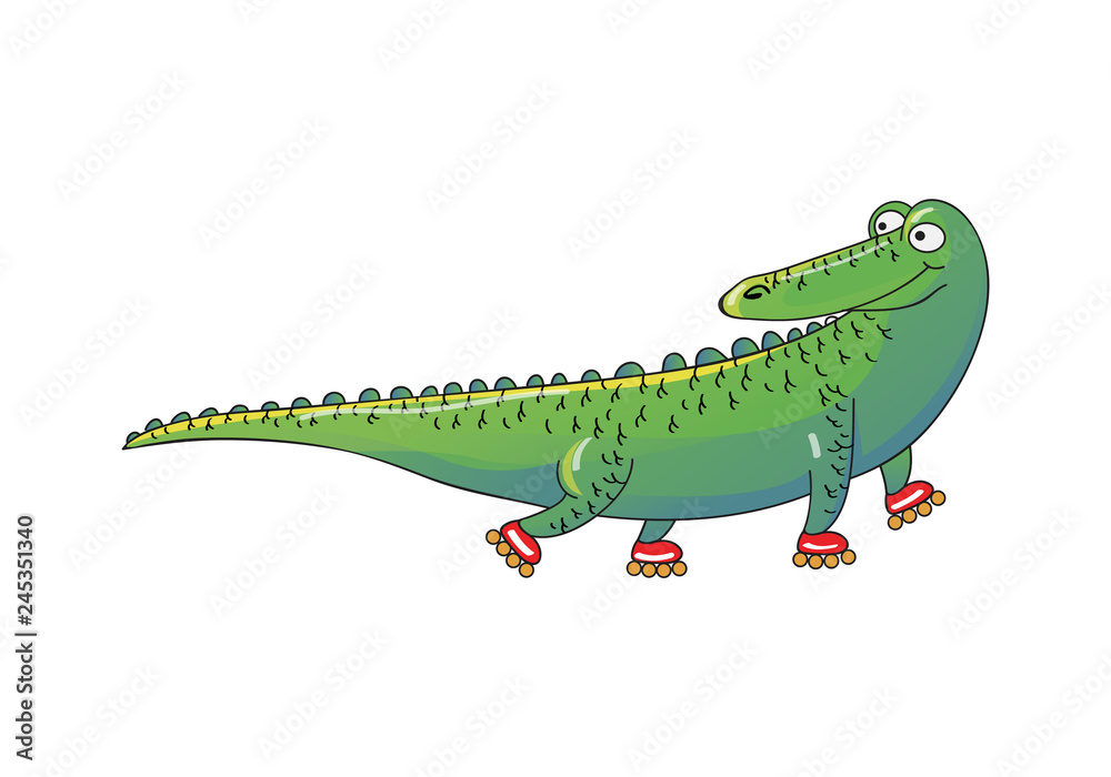 Fototapeta premium Green crocodile riding roller-skates. Humanized animal. Funny alligator. Cartoon vector design