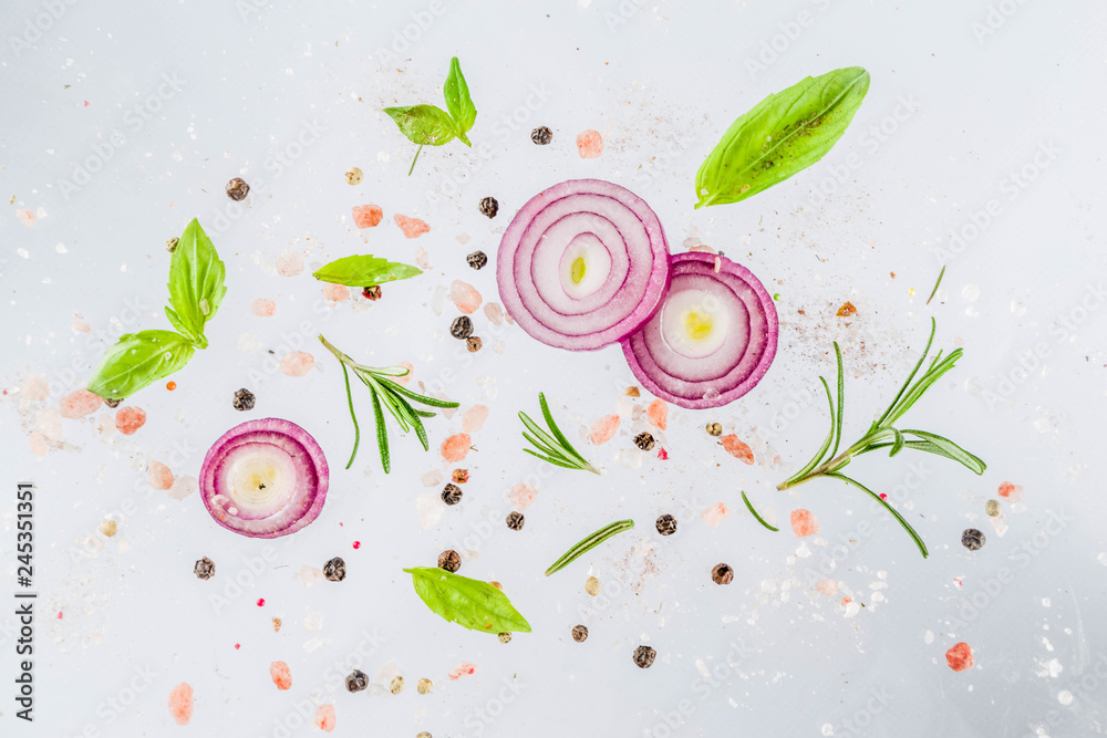 Vegan healthy food concept. Ingredients cooking spring vitamin salad. Fresh vegetable simple pattern, layout with tomatoes, onions, herbs and spices on white background. Top view banner copy space