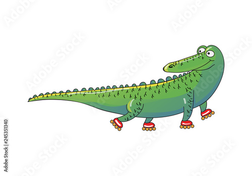 Green crocodile riding roller-skates. Humanized animal. Funny alligator. Cartoon vector design © Happypictures