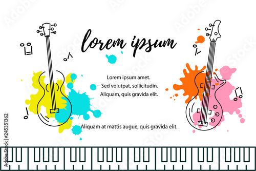 Vector illustration with bass guitar and acoustic guitar, paint solashes. Template for invitation, guitar lessons, shop, web, poster, banner.