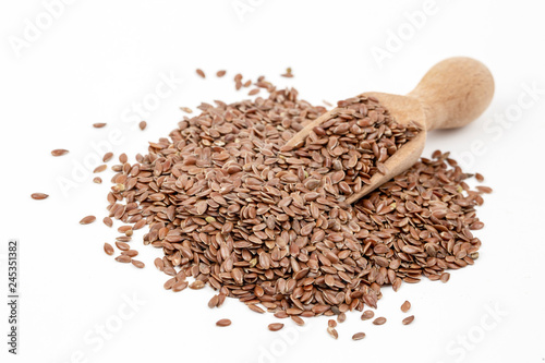 Linum usitatissimum is scientific name of Brown Flax seed. Also known as Linseed, Flaxseed and Common Flax. Pile of grains, isolated white background.
