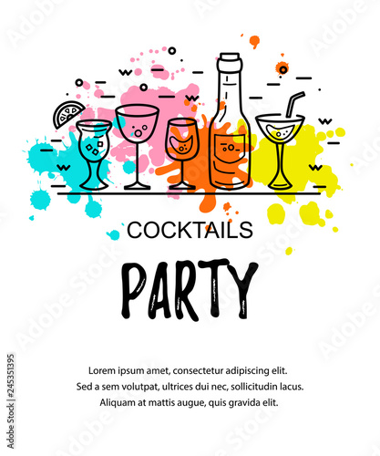 Vector illustration with cocktail glasses, bottle and paint splashes. Template for bar menu, party, alcohol drinks, holidays, flyer, web, poster, banner.