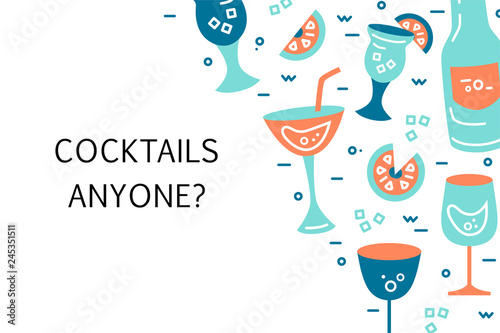 Vector illustration with cocktail glasses. Template for bar menu, party, alcohol drinks, holidays, flyer, brochure, poster, banner. Flat style vector illustration