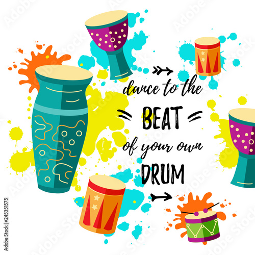 Vector illustration with drums and paint splashes. Template for party, drum school, invitation, poster, card, flyer, banner. Place for your text