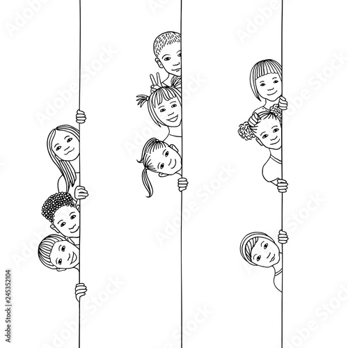 Hand drawn illustration of young and diverse children looking around the corner