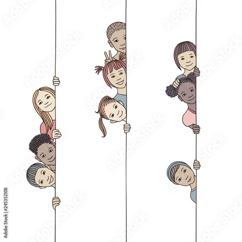 Hand drawn illustration of young and diverse children looking around the corner
