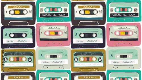 Motion illustration. Old audio cassette background. Moving bright cartoon mix tapes. Retro wave 2D animation. Perfect background for back to 80s 90s nostalgical party, music event, festival, blog.