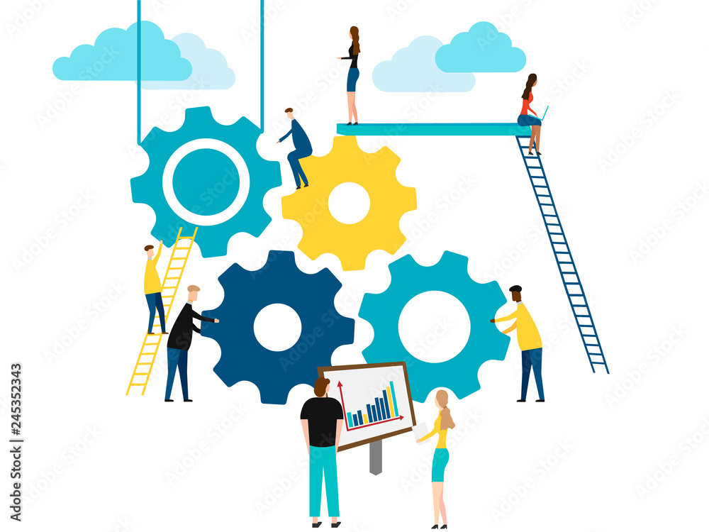 Concept of Teamwork, people building gear wheels. isolated on white background. Vector illustration. Concept of Teamwork, people building gear wheels. isolated on white background. Vector illustration.