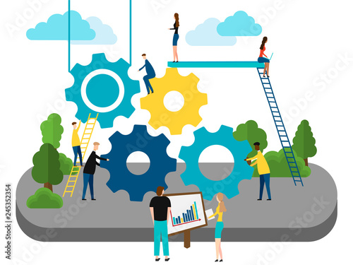 Concept of Teamwork, people building gear wheels. isolated on white background. Vector illustration.