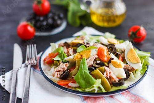 Nicoise salad with tuna  green beans  basil and fresh vegetables