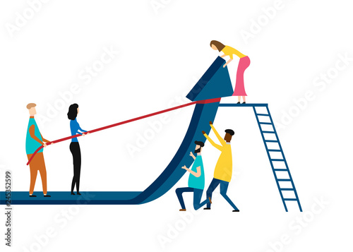 Business team holding up arrow isolated on white background. Vector illustration.