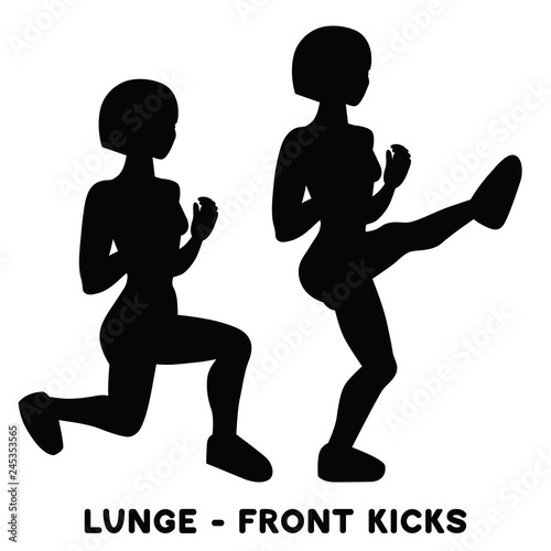 Lunges. Front kicks. Sport exersice. Silhouettes of woman doing exercise. Workout, training.