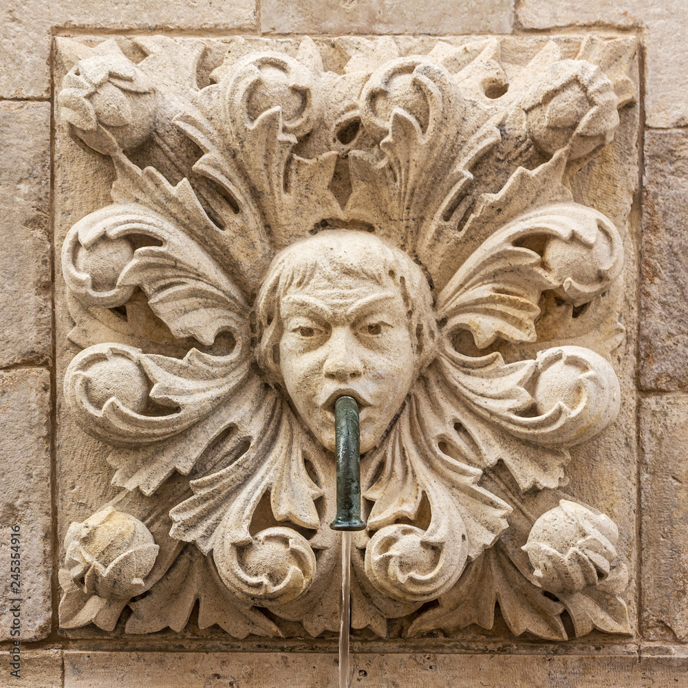 Dubrovnik, Croatia. Sculptural face on Onofrio's fountain