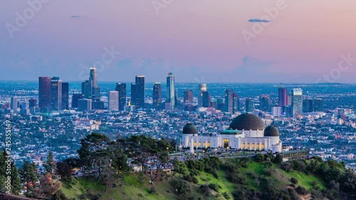 Time Lapse -  Los Angeles Skyline at Dusk Panorama and Griffith Park Observatory in the Foreground, California, USA