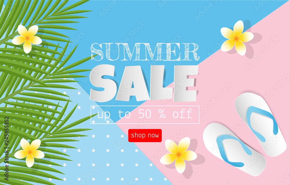 Summer sale concept for discount promotion. Sandals, coconut leaves, Plumeria flower on colorful background Summer sale concept for discount promotion. Sandals, coconut leaves, Plumeria flower on colorful background