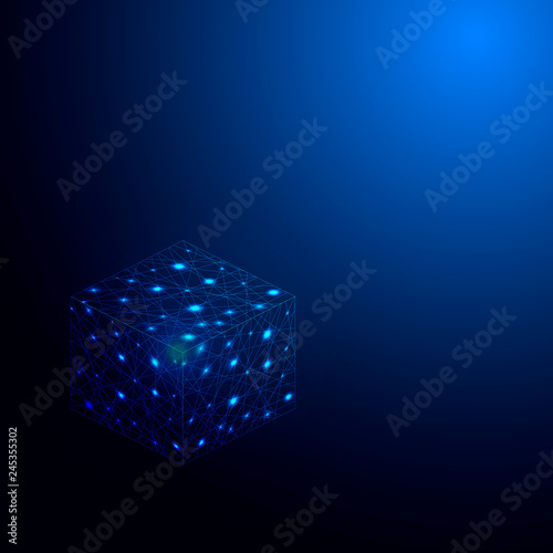 Background with blue gradient. Cube with luminous elements.