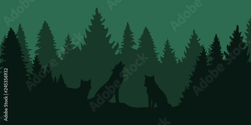 wolf pack in the dark green forest vector illustration EPS10