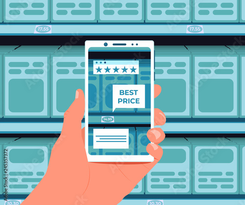 Augmented reality application for purchases. Additional information about the product on the smartphone screen. Hand with a smartphone on the background of shelves in the store. Vector illustration.