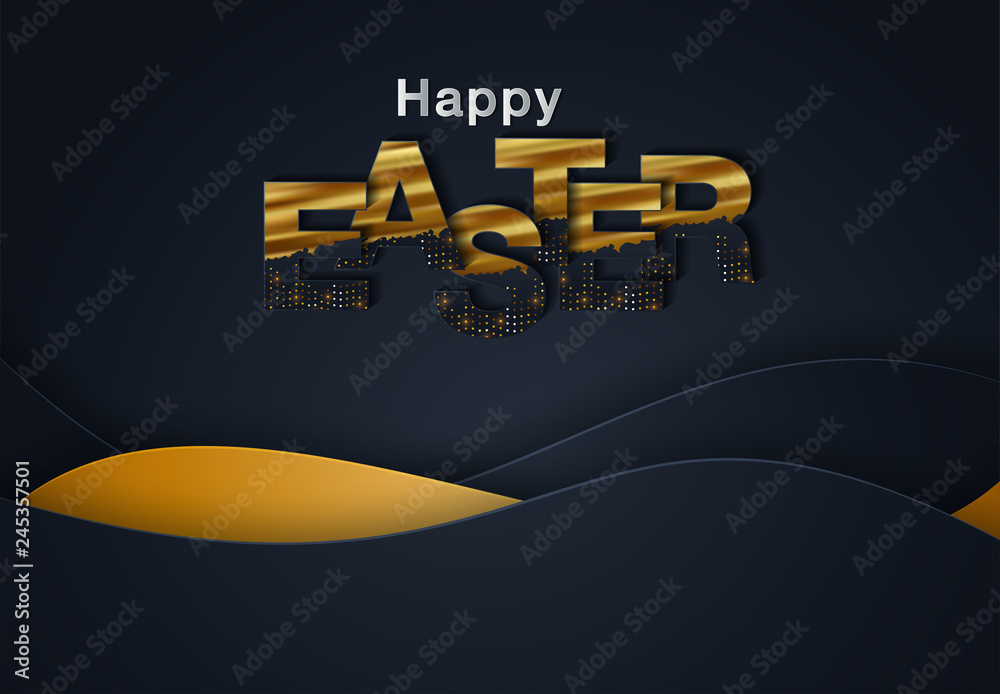 Happy Easter greeting card with golden easter egg and handwritten holiday wishes on black background. Vector illustration