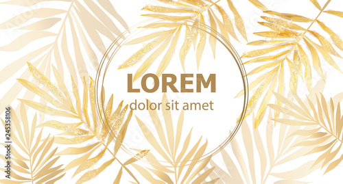 Golden Palm leaves card frame Vector watercolor. Tropic exotic texture. Gold ...