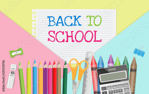 Back to school text on note paper with school supplies on pastel color background, flat lay. Vector illustration