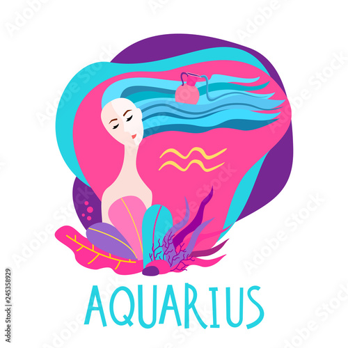 Cartoon illustration of zodiac sign Aquarius as a beautiful woman. Horoscope for girl.