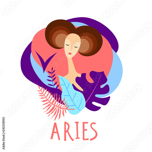 Cartoon illustration of zodiac sign Aries as a beautiful woman. Horoscope for girl.