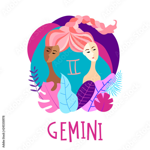 Valokuvatapetti Cartoon illustration of zodiac sign Gemini as a beautiful woman