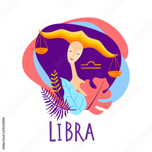 Cartoon illustration of zodiac sign Libra as a beautiful woman. Horoscope for girl.