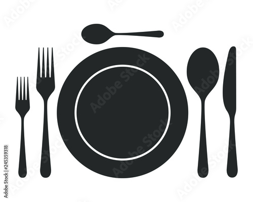 Tableware icon. Isolated sign plate, spoons, forks and knife on white background. Vector illustration.