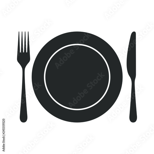 Tableware icon. Isolated sign plate, fork and knife on white background. Vector illustration.