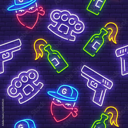 Gangster pattern, bright signboard, light banner. Gangster icon set neon, emblem. Brass knuckles, Pistol and Molotov icon. Vector illustration