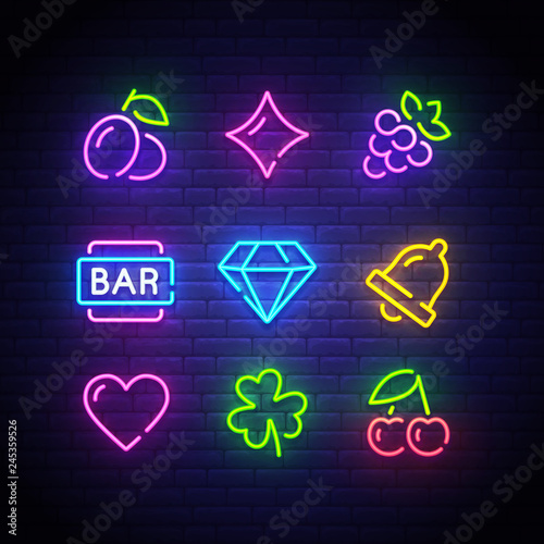 Game icons for casino. Icon from slot machine. Slot neon sign. Casino, Slot machine, Gambling. Vector Illustration