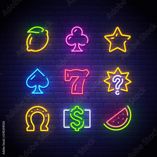 Game icons for casino. Icon from slot machine. Slot neon sign. Casino, Slot machine, Gambling. Vector Illustration