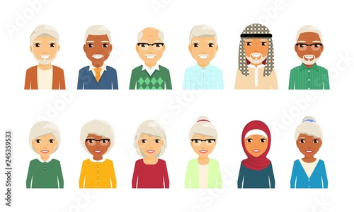 A group of old men, men and women in portrait style. Set of different nationalities. In flat style on white background. Cartoon.