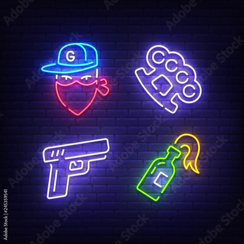Gangster icon set, bright signboard, light banner. Gangster logo neon, emblem. Brass knuckles, Pistol and Molotov icon. Vector illustration