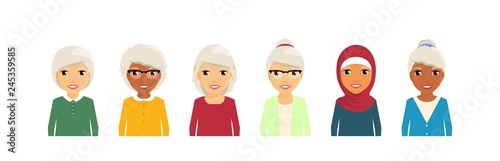 A group of old women. Portrait style. Set of different women, retirement age. In flat style on white background. Cartoon.