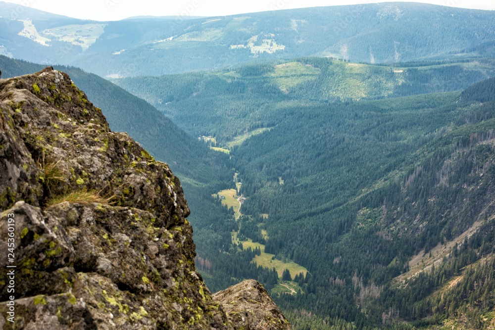 Naklejka premium Summer in the mountains. Beautiful panorama for a postcard or calendar. View of the verdant slopes and hills and valleys. Mountain landscape on a summer day.