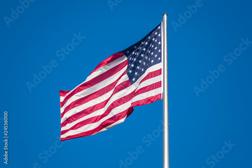 Flag of United States of America waving in wind  against clear sky