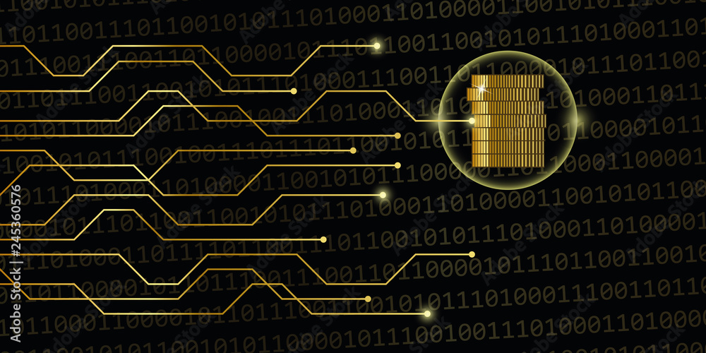 digital currency on golden binary code with coins vector illustration EPS10