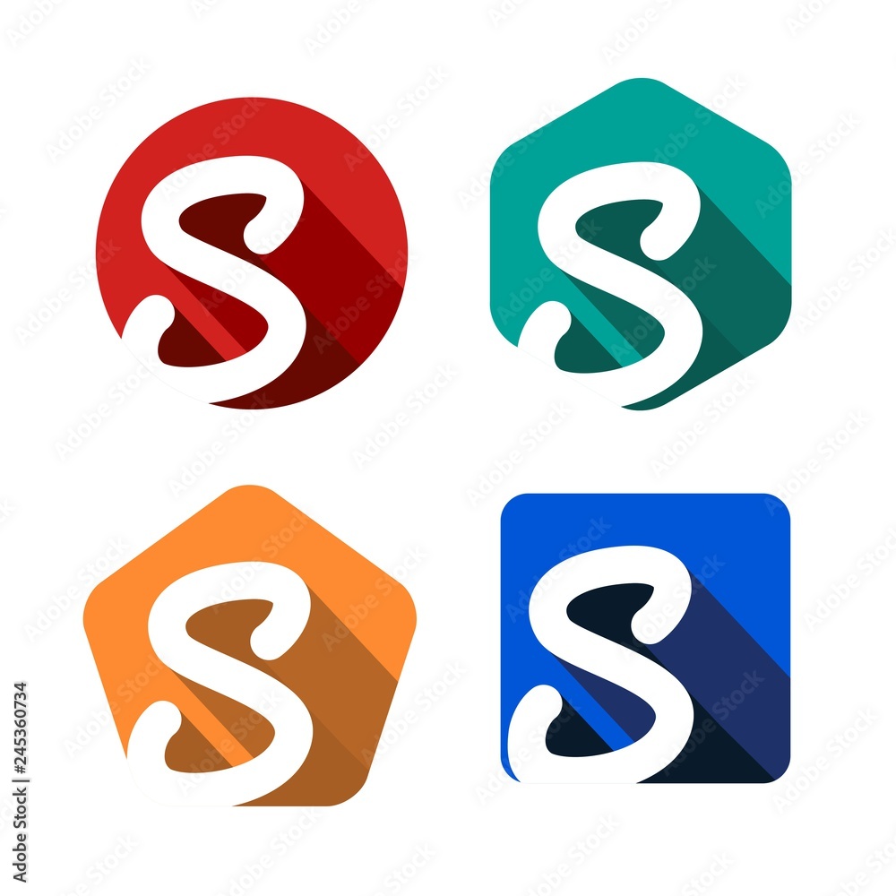 Creative handwritten white letter S inscribed in a circle, square, pentagon, hexagon with falling shadows. For your monogram, logo, emblem. Flat design. Four color palettes Creative handwritten white letter S inscribed in a circle, square, pentagon, hexagon with falling shadows. For your monogram, logo, emblem. Flat design. Four color palettes