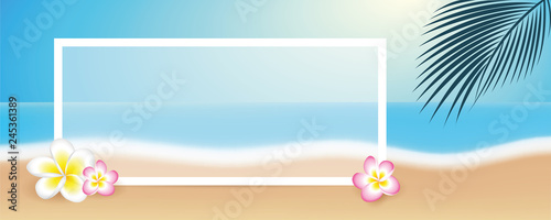 beautiful beach with frangipani tropical flowers palm leaf and white border vector illustration EPS10