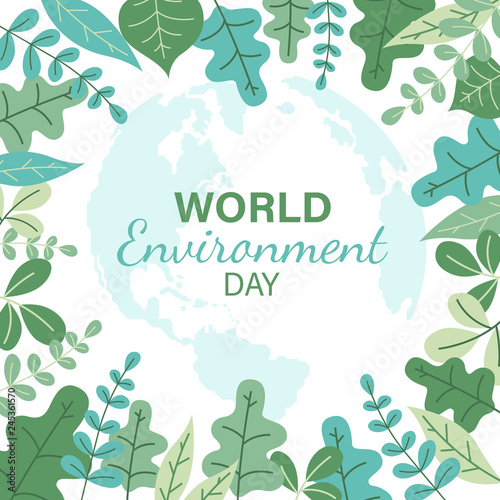world environment day banner with abstract green leaf frame and map earth background vector design