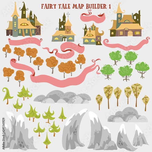 Fairy tale fantasy map builder set of Everwinter Realm and City states in colorfule vector illustrations
