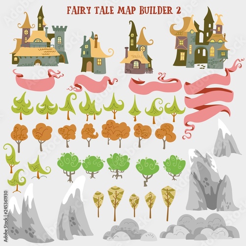 Fairy tale fantasy map builder set of Everwinter Realm and City states in colorfule vector illustrations photo