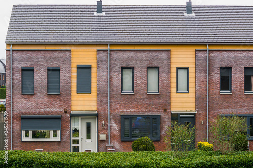 two terraced houses decorated with diverse plants, modern dutch architecture, village homes in the Netherlands © Charlotte B