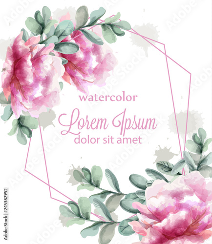 Colorful peony flowers frame watercolor banner Vector. Abstract floral bouque...