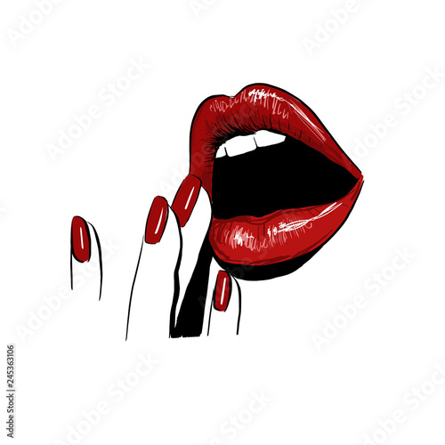 sensual juicy opened red lips with fingers